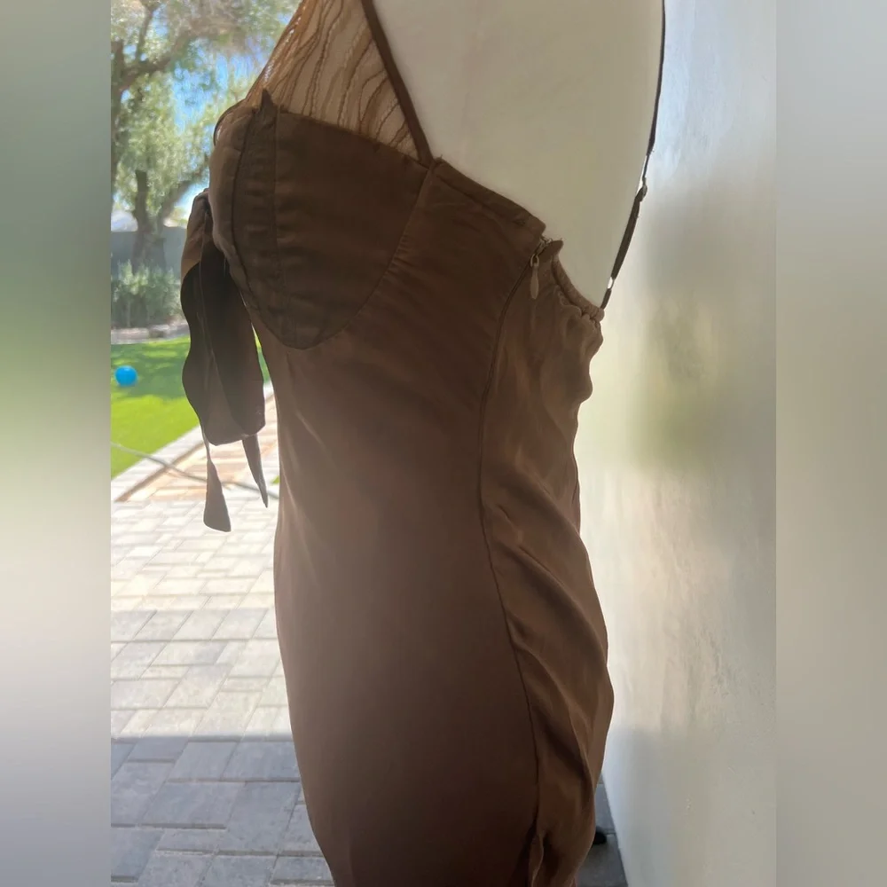 Femme sheer slip midi dress sz S, chocolate brown,  side zip, lined - Picture 7 of 9